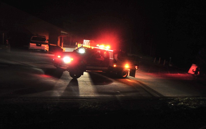 Walker Engine 80 leaves the fire station en route to the Treehouse Incident Friday night, June 8, 2018. The fire burned one structure and less than one acre on Treehouse Lane in Walker. (Les Stukenberg/Courier)